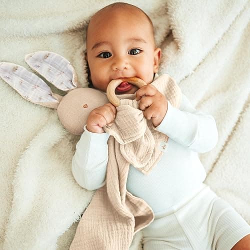 Mikito Coffret Cadeau Naissance Bébé Doudou Lapin, Bavoir Bandana, Mordedor Bois & Carte - 100% Coton Bio Certifié Oeko-TEX et GOTS - Cadeau pour Fille & Garçon thumbnail 2