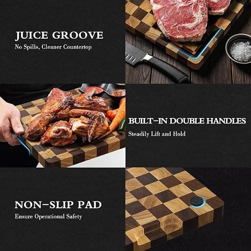 Checkered Cutting Boards for Kitchen, Wood Cutting Board Sets, Walnut Rubber & Wooden Chopping Boards with Anti-Slip Base and Guide Groove, Chessboard Carving Used for Cutting Vegetables Fruits & Meat thumbnail 5