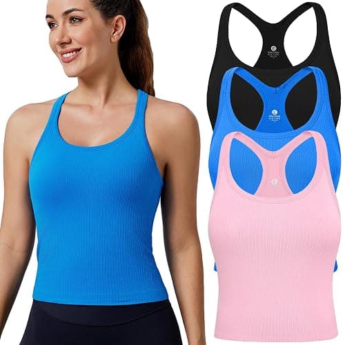Evercute Women's 1/2/3 Pack Ribbed Workout Tank Tops with Built in Bra Racerback Seamless Crop Tank Tops Camisole Sport Tanks - Image 1