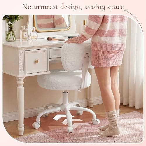 Homkdom Vanity Chair with Back, Swivel Chair with Wheels & Adjustable Height, Fluffy Faux Rabbit Fur Comfy Desk Chair for Vanity, Make-up Room, Bedroom, Dorm, Cute Bow Backrest, White thumbnail 4