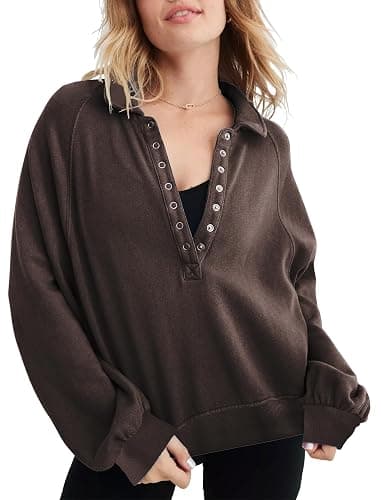 Miniyear Womens Cropped Sweatshirt Button Down Polo V Neck Long Sleeve Pullover Tops Fashion Outfits Clothes - Image 1