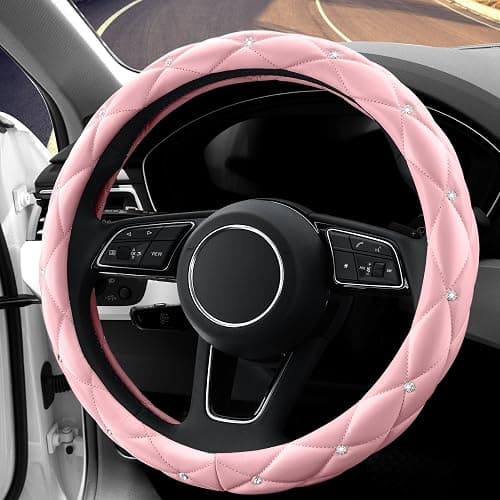 YOGURTCK Cute Diamond Soft Light Pink Leather Anti-Slip Steering Wheel Cover with Bling Bling Crystal Rhinestones, Universal 15 Inch for Women Girls, Fit Vehicles, Sedans, SUVs, Vans, Trucks thumbnail 3