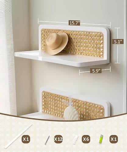 Maxpeuvon Rattan Floating Shelves, Boho Cane Webbing Wall Shelves Farmhouse Display Storage Organizer White Bookshelves Wicker Room Decor for Living Room Bedroom Entryway Hallway Bathroom, Set of 2 thumbnail 3