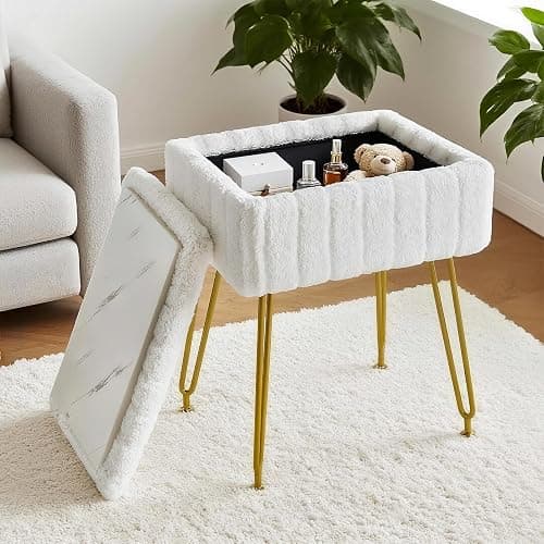 FUXA Vanity Stool Chair with Storage, White Faux Fur Makeup Chair with 4 Metal Legs and Anti-Slip Feet, Soft Padded Seat, Small Footrest Footstool Ottoman, Multifunctional Stool for Bedroom thumbnail 9
