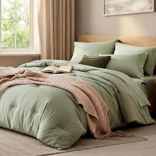 WRENSONGE Queen Comforter Set - 7 Pieces Sage Green Soft Bed in a Bag Queen with Fitted Sheet, Flat Sheet, 2 Pillow Shams, and 2 Pillowcases- Queen Bedding Sets for All Season - Image 1