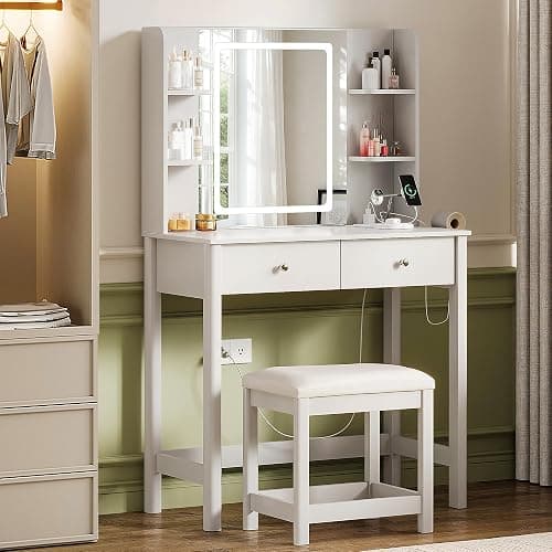 ProsperHaven Vanity Desk with Mirror and LED Lights, Small Makeup Vanity Table Set with Drawers and Chair, Dressing Table with Power Outlet for Girls Bedroom, White thumbnail 9