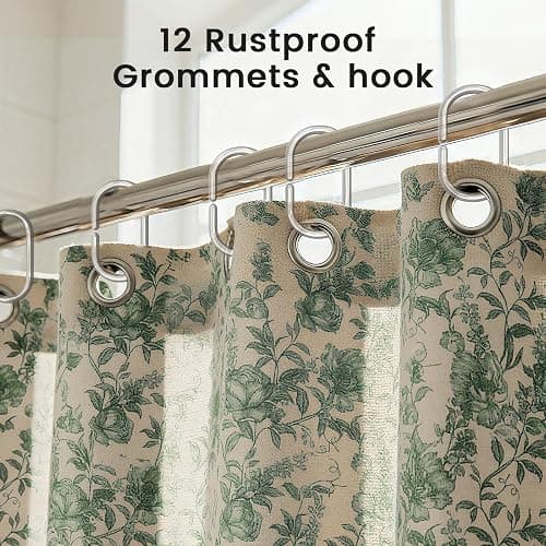 Farmhouse Sage Green Floral Shower Curtain with 12 Clear Rings 72"W x 72"L | Boho Fabric Faux Linen Shower Curtain Set, Vintage Cottagecore Shower Curtain for Bathroom thumbnail 3