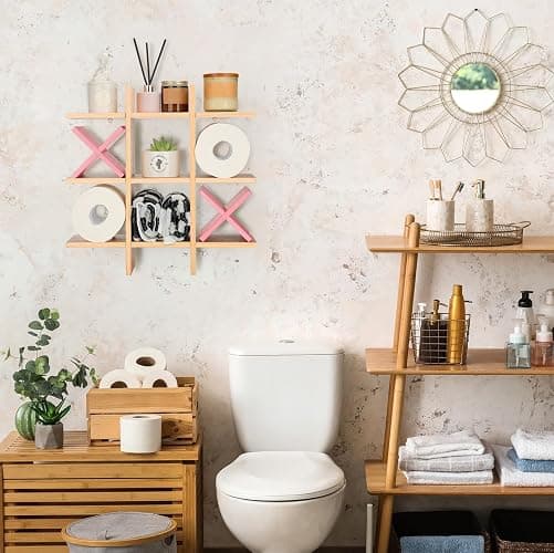 Weysat Tic Tac Toe Toilet Paper Holder Stand Bathroom Wall Decor Rustic Wooden Hanging Storage Freestanding Wall Mounted Shelves Decor for Toilet Tissue Farmhouse(Wood Color, Pink) thumbnail 5