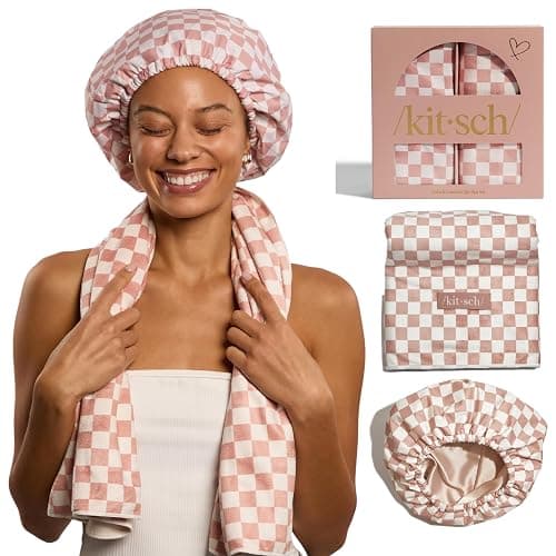 Kitsch Love & Comfort 2PC Spa Set - Satin Lined Reusable Waterproof Shower Cap and XL Quick Dry Hair Towel Wrap for Women, Microfiber Towel, Flexi Shower Cap For All Hair Types - Terracotta Checker thumbnail 8