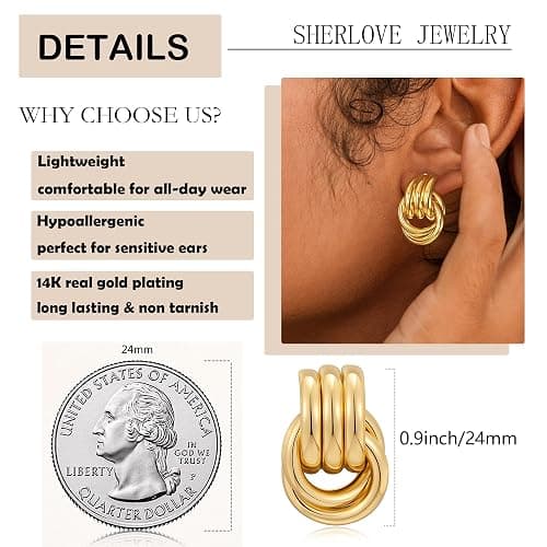 SHERLOVE Chunky Gold Knot Dangle Drop Earrings for Women Trendy Statement Earrings Hypoallergenic Lightweight Gold Jewelry Women thumbnail 4