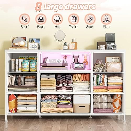 White Dresser for Bedroom with LED Lights & Charging Station, Dresser TV Stand for Bedroom with 8 Drawer for 55 inch TV, Fabric Dressers & Chests of Drawers with Open Shelves for Hallway Entryway thumbnail 4