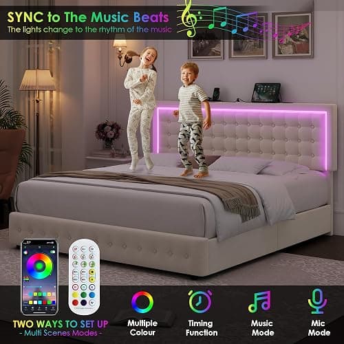 HIFIT Upholstered Full Size LED Bed Frame with Charging Station and 4 Large Storage Drawer, Velvet Button Tufted Full Platform Bed with Adjustable Headboard, No Box Spring Needed, Easy Assembly, Beige - Full thumbnail 3