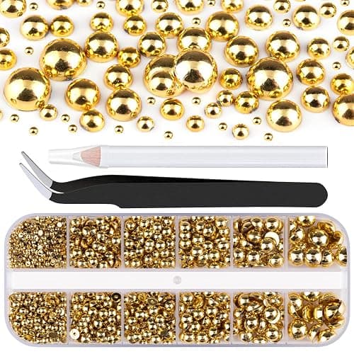 Belleboost Gold Nail Charms and Gems, Half Round Flatback Pearl Nail Charms, Nail Pearls Rhinestones Kit Gold Beads for Nails with Pickup Pencil and Tweezer for DIY Nail Art, Face Makeup and Crafting - Image 1