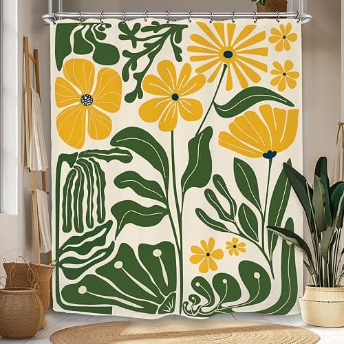 Kalmico Yellow Green Matisse Flower Shower Curtain 60Wx72L Inch Abstract Retro Aesthetic Minimalist Vintage Art 70s Trendy Modern Bathroom Set Accessories Decor with 12 Pack Hooks thumbnail 4