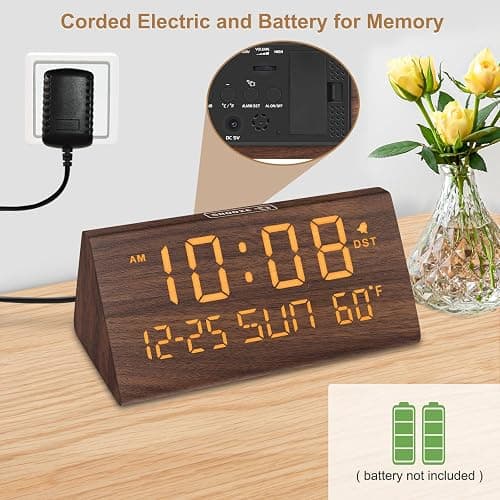 DreamSky Digital Alarm Clocks for Bedrooms - Wooden Desk Clock with Date, Day of Week, USB Port, Temperature, Dimmer for Bedside Table, Living Room, Office, Adjustable Volume, Auto DST, Wood Decor thumbnail 6