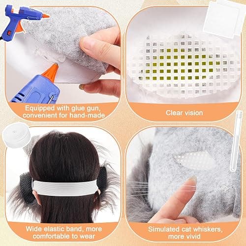Seenelling 33 Pcs Therian DIY Mask Kit for Beginners Including Blank Cat Mask Faux Fur Fabric Felt Fabric Plastic Mesh Sheet(Warm Colors) thumbnail 4