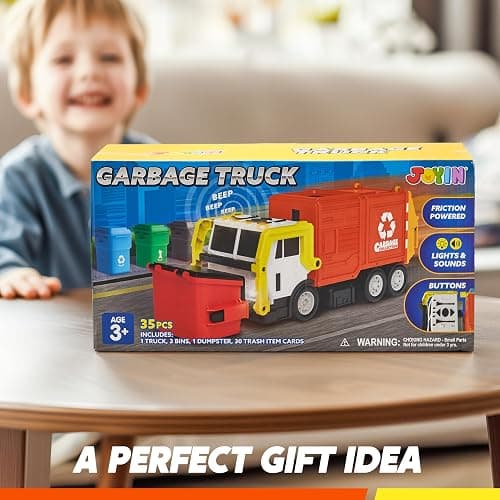 JOYIN Large Friction Powered Garbage Truck Toy Set, Includes Dumpster, Trash Bins, and Learning Cards for Kids, Orange thumbnail 7