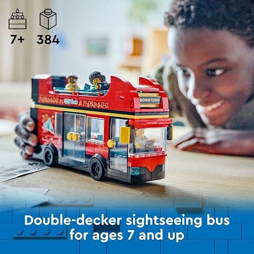 LEGO City Red Double-Decker Sightseeing Bus Toy Vehicle Set, Birthday Gift for 7 Year Olds, for Kids, Double-Decker London Bus Toy, 5 Characters Including a Baby and Stroller, 60407 thumbnail 2