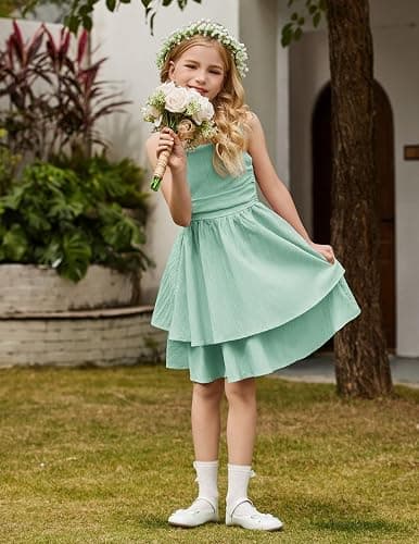 Arshiner Girls Summer Spaghetti Strap Dresses Flowy Tiered Ruched Smocked Back Casual Beach Midi Sundress - 9-10 Years - Green thumbnail 4