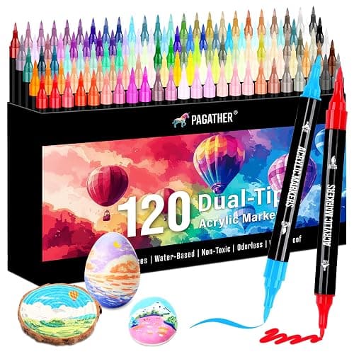 Pagather 120 Colors Acrylic Paint Markers, Dual Tip Fine Tip and Brush Tip Pens Contain 24 Metallic Color for Stone, Wood, Calligraphy, Canvas, Ceramic, Metal, Glass, Rock Painting, DIY Crafts thumbnail 8