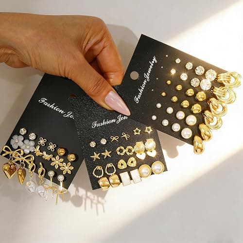 75 Pairs Gold Stud Earrings Set for Women, Trendy Hypoallergenic Pearl Cubic Zirconia Multiple Piercings Earrings Packs, Stud Hoops Earrings for Gift Jewelry thumbnail 5