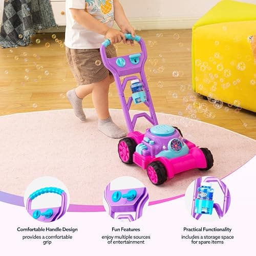 SLOOSH Bubble Lawn Mower Toddler Toys - Spill-Proof Bubble Machine Pretend Gardening Toy for Age 1 2 3 1-3 Year Old Toddler Indoor Outdoor Use, Baby Girl Push Toys Easter Birthday Gift (Pink) thumbnail 6