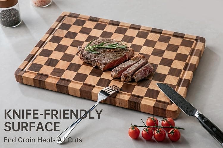 THETCHRY Cutting Boards for Kitchen, Checkered Cutting Board Upgraded, Acacia Wood Chopping Board with Juice Grooves & Handles, Large Butcher Block Serving Tray with Gift Box, 16.5" x 11.6" x 0.8" thumbnail 5