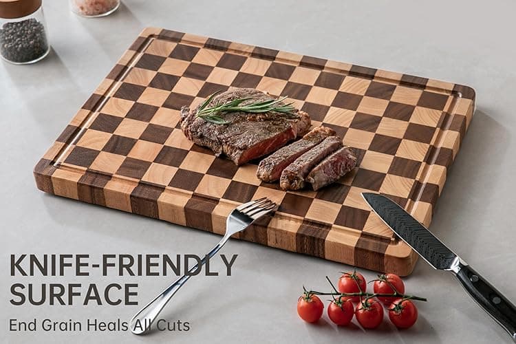 THETCHRY Cutting Boards for Kitchen, Checkered Cutting Board Upgraded, Acacia Wood Chopping Board with Juice Grooves & Handles, Large Butcher Block Serving Tray with Gift Box, 16.5" x 11.6" x 0.8" - Acaia Wood & Rubber Wood - 16.5"L x 11.6"W thumbnail 5