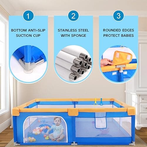 Arejonner Baby Playpen for Toddlers: 6.56x6.56 ft Kid-Safe Enclosed Play Yard | Non-Slip Base, Breathable Mesh - Easy-Portable for Indoor & Outdoor Baby Play Spaces - Blue thumbnail 7