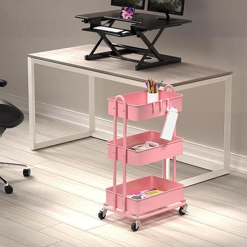Simple Houseware 3-Tier Heavy Duty Metal Utility Rolling Cart, Pink thumbnail 2