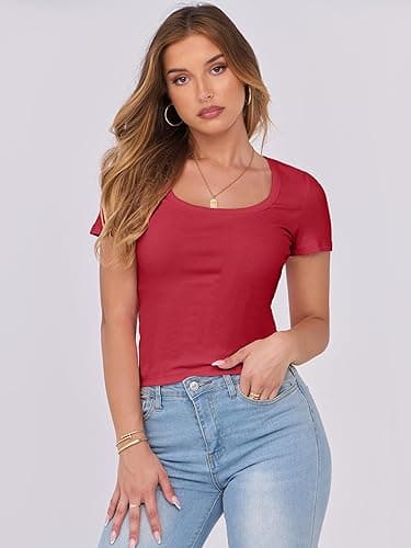 ANRABESS Women Short Sleeve Tops Scoop Neck Ribbed Knit Slim Fitted Basic Tee Shirts 2025 Casual Summer Trendy Clothes - Red - X-Small thumbnail 2