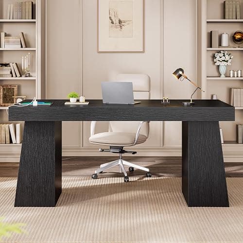 UPOSOJA 55.9 in Executive Desk with Power Outlets, Modern Home Office Desk with Storage Cabinet, Wood Computer Desk Business Workstation Desk Conference Table, Black (Storage Cabinet) thumbnail 8