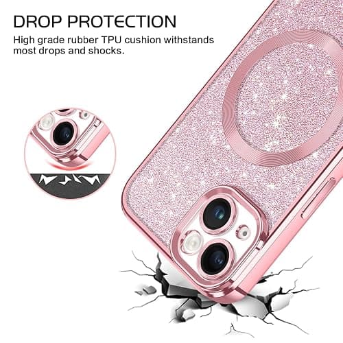DOMAVER for iPhone 13 Case, Phone Cases with Magnetic [Compatible with MagSafe] Luxury Clear Glitter Bling Sparkly Shockproof Protective Cover Full Camera Lens Protector for Women Girls- Pink - Pink thumbnail 8