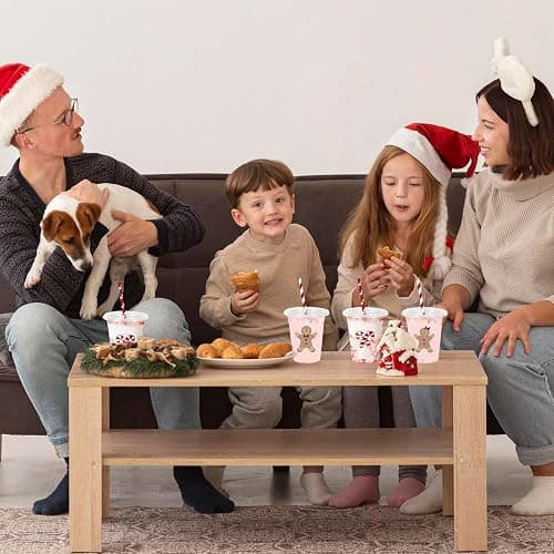 JarThenaAMCS 60Pcs Christmas Plastic Cups with Lids Straws Drinking Cup 12oz Gingerbread Man Candy Cane Disposable Cups for Xmas Winter Holiday thumbnail 5