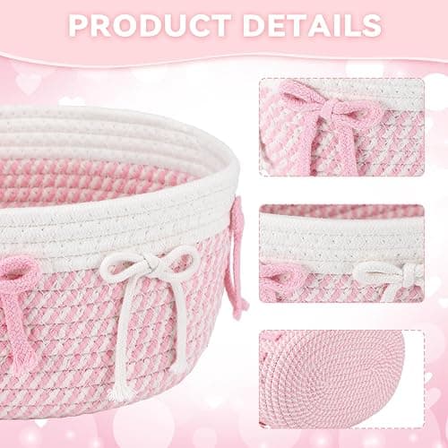 Geelin 3 Pcs Pink Bow Baskets Laundry Hamper Cute Coquette Woven Rope Gift Baskets Rectangle Shelf Organizer Storage Bins for Closet Bedroom Nursery Toys Organizing, 11.8''x7.8''x4.7'' thumbnail 4