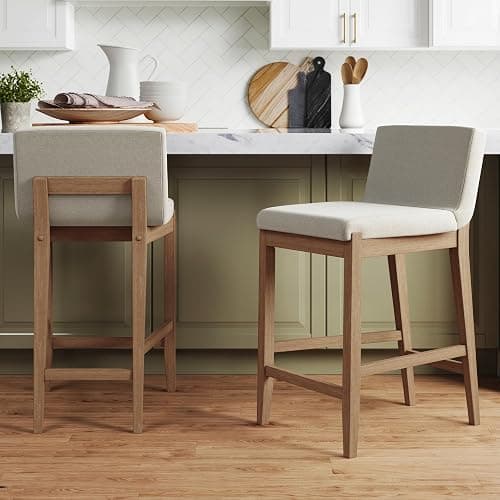 Nathan James Gracie Modern Counter Height Bar Stool with Back, Counter Stool Upholstered Chair with Natural Flax White Fabric and Brushed Wooden Legs, Natural Flax/Brown, Set of 2 thumbnail 3