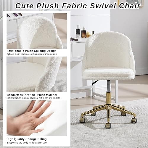 Faux Fur Desk Chair, Comfy Boucle Makeup Vanity Chair Modern Upholstered Fluffy Swivel Chair with Wheels Golden Metal Base, Height Ajdustable for Girls, Home Office Living Dressing Room Bedroom, White thumbnail 4