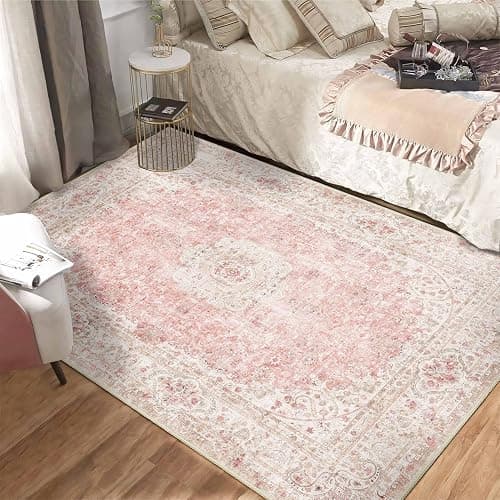 Castage Pink Rug 4'x6.5',Washable Area Rugs for Bedroom Living Room Kitchen Entryway,Small Boho Vintage Bohemian Distressed Non Slip Carpet,Blush thumbnail 4
