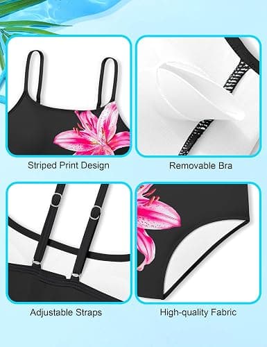Boiltcat Girls Swimsuit High Waisted Contrast Striped 3 Piece Bathing Suit Bikini with Cover Up 9-16 Years thumbnail 5