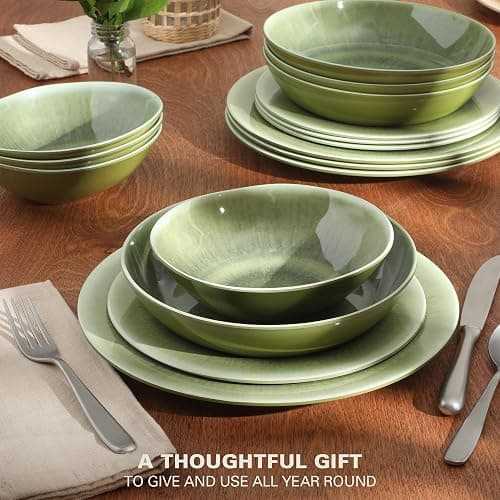 Gibson Home Casper Court 16-Piece Melamine Dinnerware Set – Green Reactive Glaze Look Plates and Bowls, Service for 4 – Top Rack Dishwasher Safe Everyday Dining Set thumbnail 2