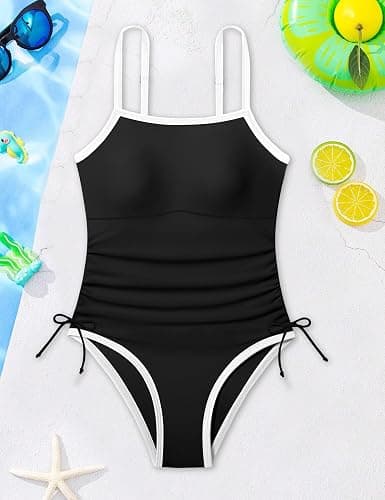 TyeSmo Girls Swimsuit One Piece Bathing Suit Color Block Strap Swimwear Drawstring Swimsuits for Teens 9-16Y with Padded thumbnail 6