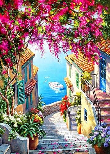 QIOUOL 5D Diamond Art Kits for Adults Beginners,Seaside Town DIY Painting with Round Full Drill Diamonds Painting Mosaic Gems Art for Home Office Wall Decor 12x16 Inch - Image 1