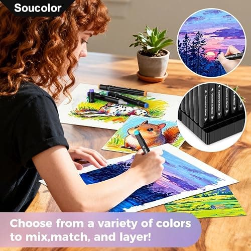 Soucolor Alcohol Markers 100 Colors with Case & Holders, Dual Tips Chisel & Fine Art Markers for Adult Coloring Kids Drawing, Artist Markers Art Supplies for Blending Sketching thumbnail 6