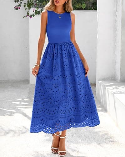 dowerme Women Sleeveless Lace Eyelet Cotton Tank Maxi Dress | Summer Casual Crewneck A-Line Dresses 2026,Fall Knit And Woven Boho Sundress with Pockets,Cute Wedding Beach Vacation Clothes thumbnail 7