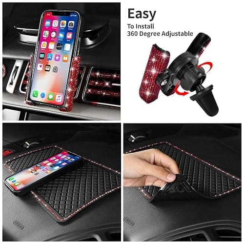 CAR PASS 30 PCS Bling Diamond Car Accessories Set for Women, Bling Steering Wheel Covers 15 Inch, Shining Rhinestone License Plate Frame, Sparkly Phone Holder, Cute Interior Set Decorations, Red thumbnail 3