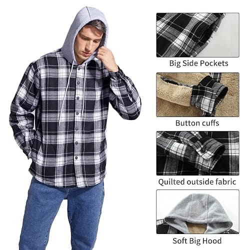Derbars Men's Cotton Plaid Shirts Jacket Fleece Lined Flannel Shirts Sherpa Button Down Jackets with Hood for Men thumbnail 6