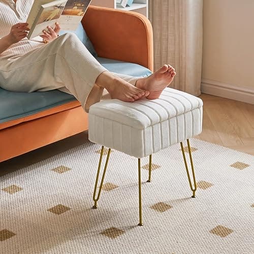 IBUYKE Stool Chair with Storage Space, Footrest Footstool Ottoman, Small Side Table, with 4 Metal Legs, with Anti-Slip Feet, for Makeup Room, Bedroom, Faux Fur, White L/G-50W thumbnail 5