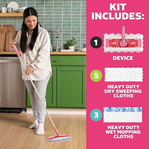 Swiffer Sweep and Mop Deluxe, Limited Edition Pink Wicked: for Good, 2-in-1 Floor Mopping and Sweeping Kit, 1 Sweeper Device, 5 Heavy Duty Dry Sweeping Cloths, 3 Heavy Duty Wet Mopping Cloths thumbnail 8