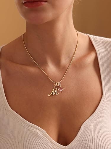 Robaice 14K Gold Plated Initial Necklace for Women, Pink Planet Heart Letter Pendant with Round Herringbone Chain, Non-Tarnish Jewelry Gifts thumbnail 8