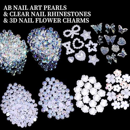 FAMDAMEI 24 Grid Flat Back Pearls and Rhinestones for Bedazzling Kit, Clear White Pink Pearls Flatback Resin Jelly Rhinestones,Flower 3D Nail Charms and Gems for Crafting Rhinestones for Crafts thumbnail 7